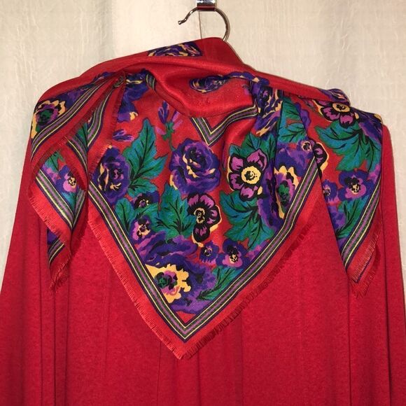 Italian Red Green Yellow Purple Pink Floral Square Scarf with raw fringed edges